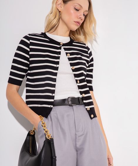 blusa de tricot manga curta listrada preta
