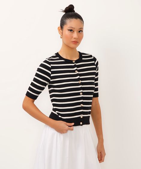 blusa de tricot manga curta listrada preta