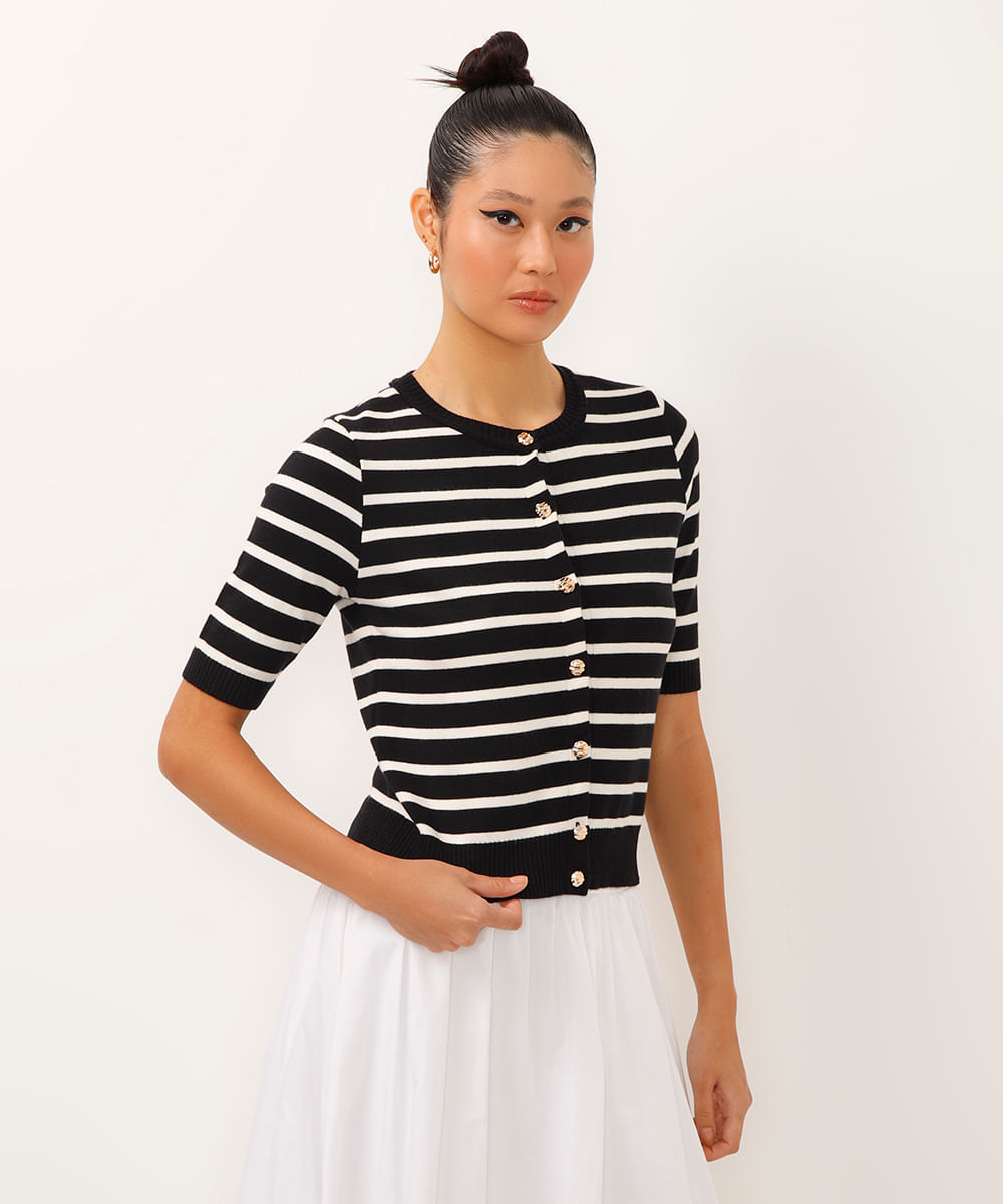 blusa de tricot manga curta listrada preta