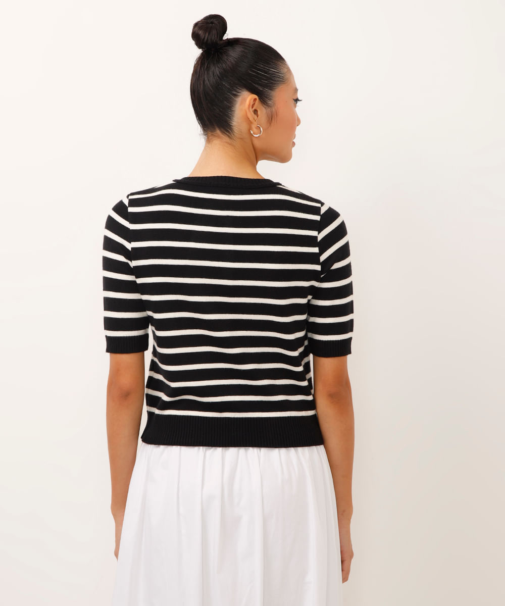 blusa de tricot manga curta listrada preta