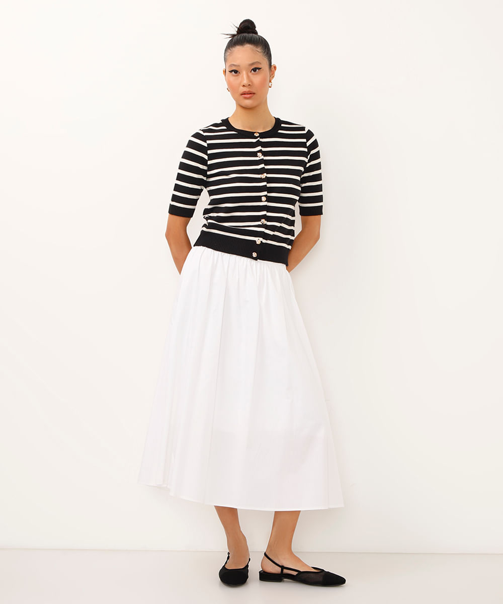 blusa de tricot manga curta listrada preta