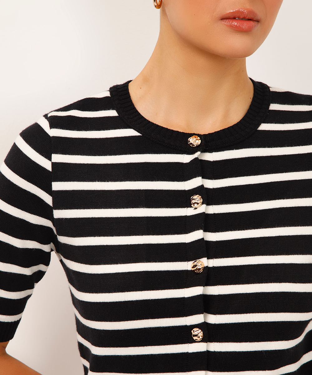 blusa de tricot manga curta listrada preta