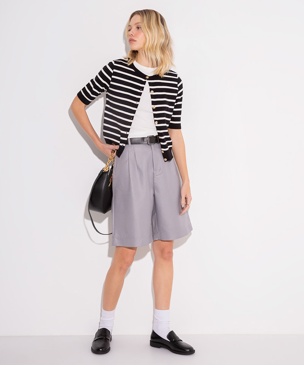blusa de tricot manga curta listrada preta