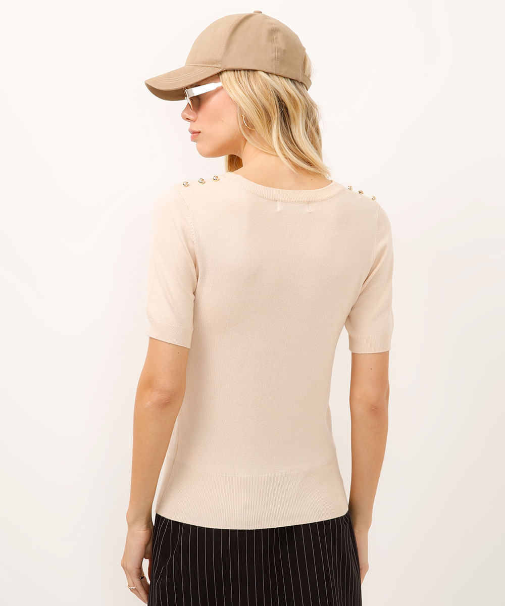 blusa de tricot manga curta com botões bege
