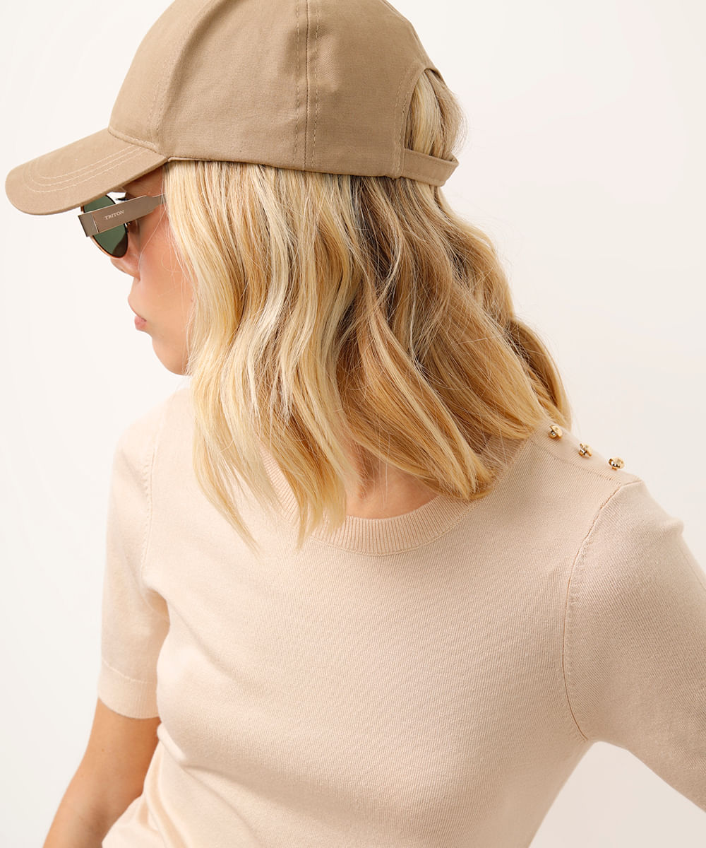 blusa de tricot manga curta com botões bege
