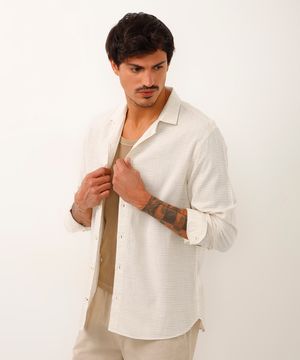 camisa com linho manga longa off white