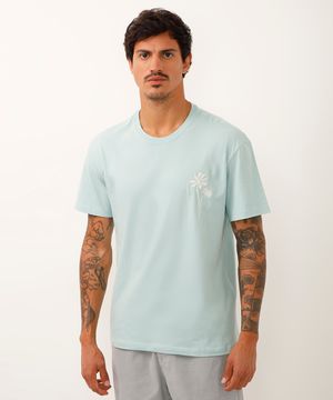 camiseta de algodão coqueiro bordado azul