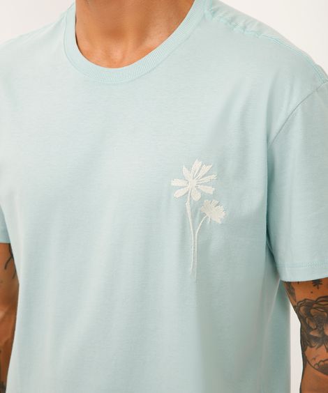 camiseta de algodão coqueiro bordado azul