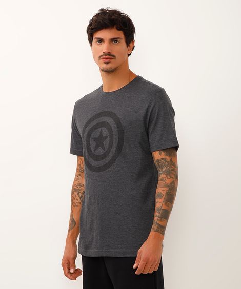 camiseta manga curta capitão américa cinza mescla escuro