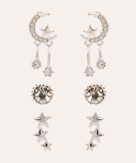 kit de 3 brincos com strass e pingente de luz e estrelas prateado
