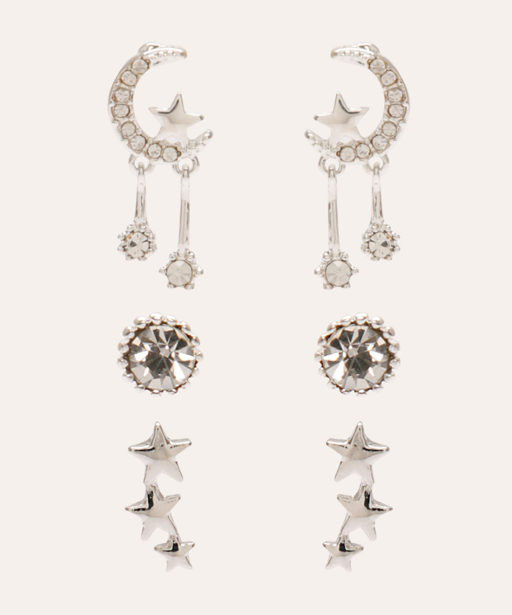 kit de 3 brincos com strass e pingente de luz e estrelas prateado