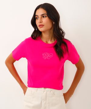 camiseta de algodão manga curta ursinho rosa