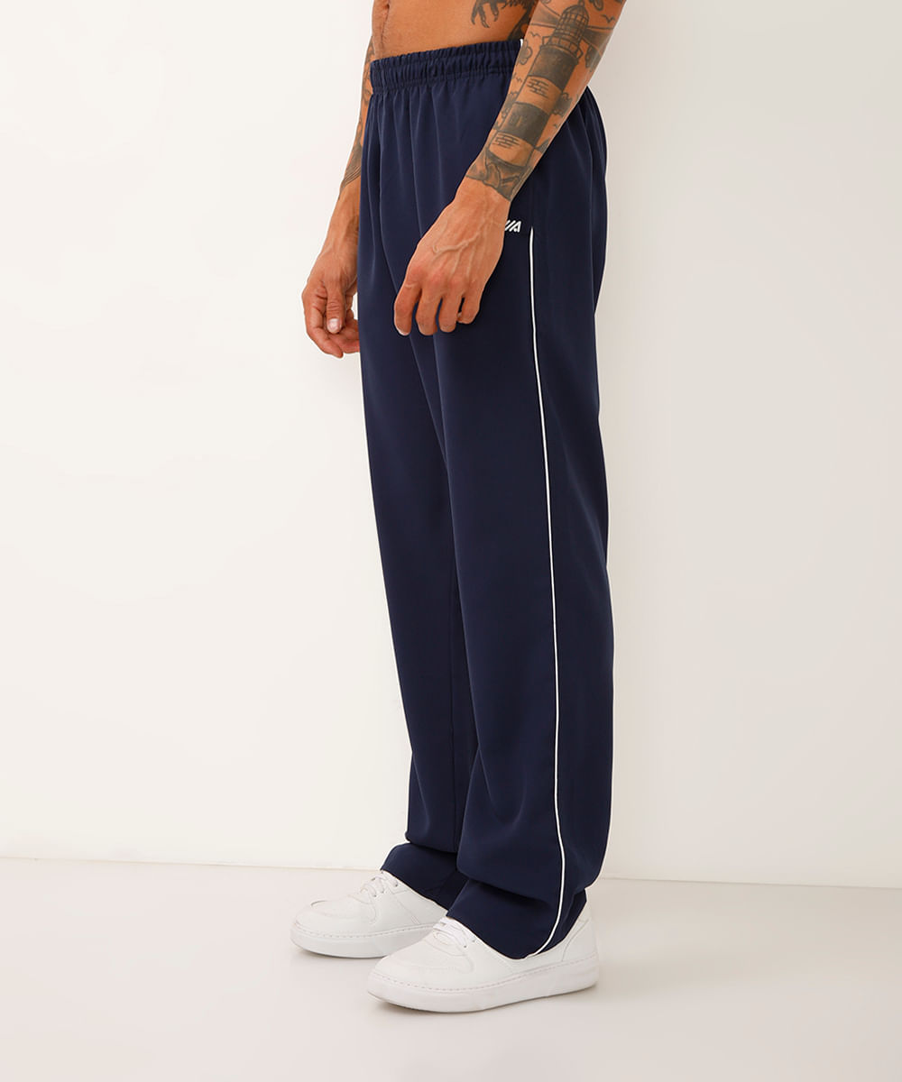Calça Masculina Esportiva Básica com Vivo Contrastante Azul Marinho