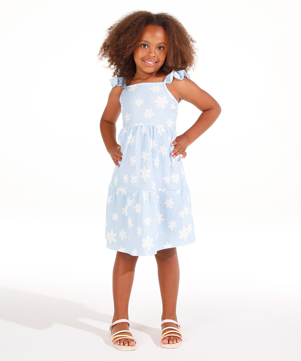 vestido infantil floral alça babados azul
