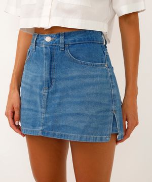 short saia jeans cintura alta com fenda azul