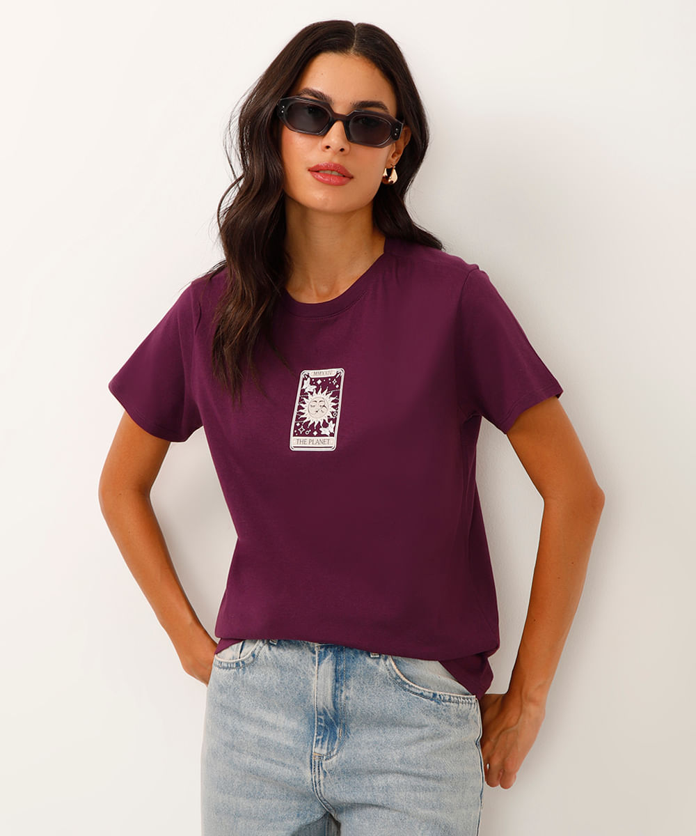 camiseta de algodão manga curta tarot roxa
