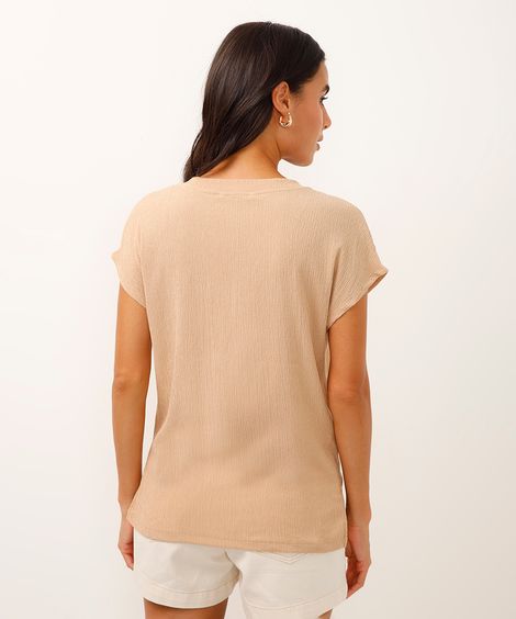 camiseta decote v manga curta texturizada bege
