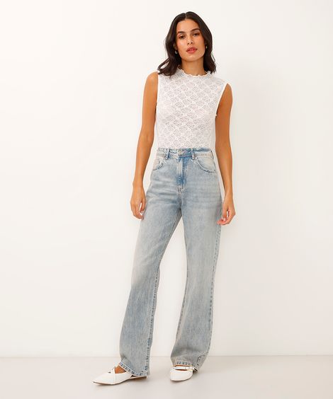 calça wide leg slim jeans cintura alta azul