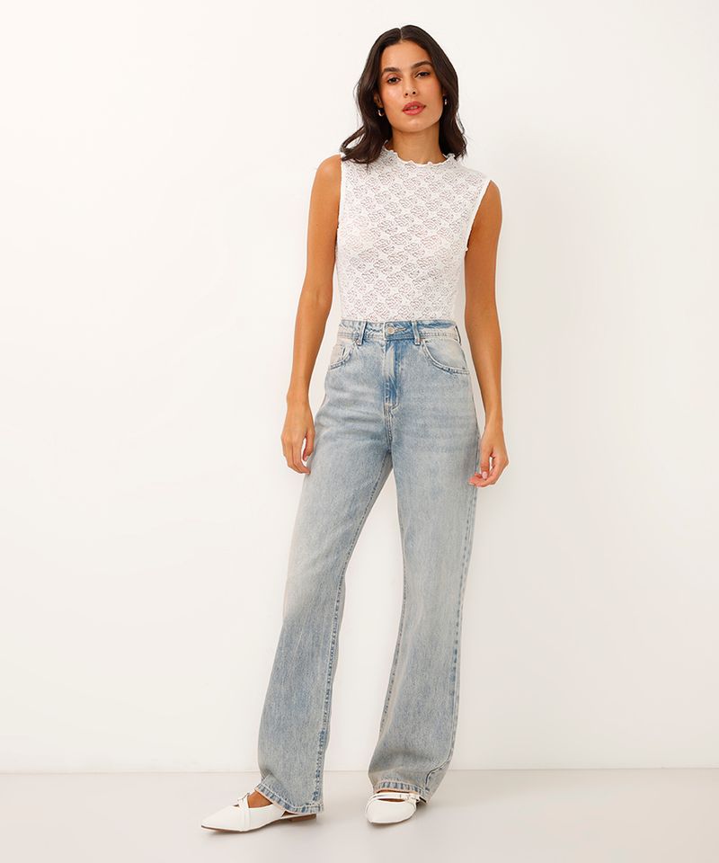 calça wide leg slim jeans cintura alta azul