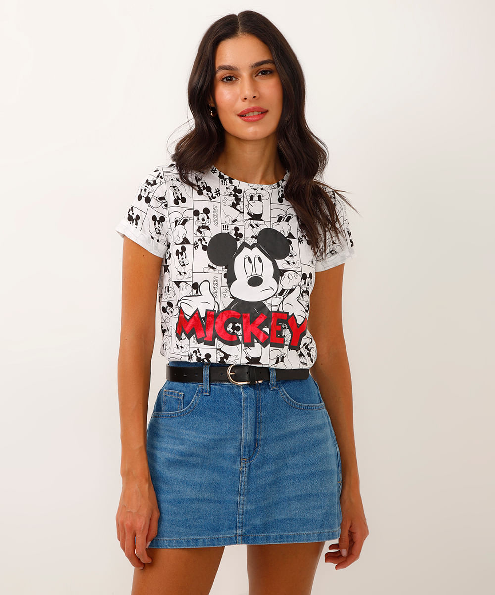 Blusa Feminina Mickey Estampada Manga Curta Decote Redondo Off White