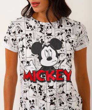 Blusa Feminina Mickey Estampada Manga Curta Decote Redondo Off White