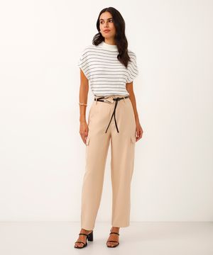calça de viscose cargo cintura alta com cinto bege médio