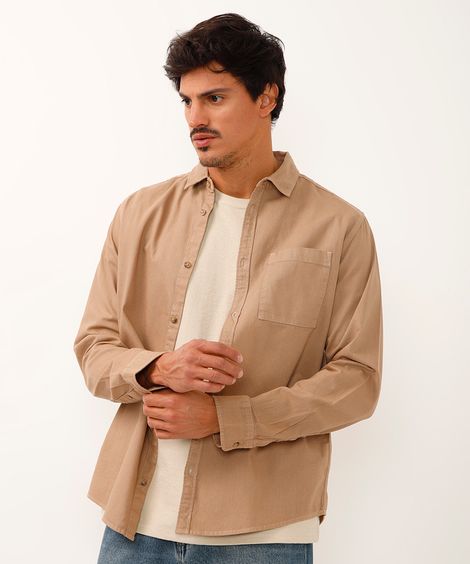 camisa de sarja manga longa com bolso bege