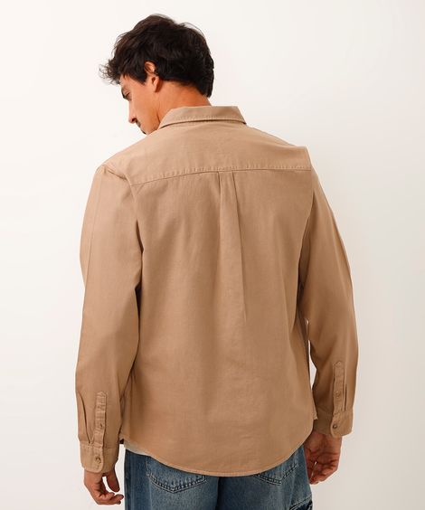 camisa de sarja manga longa com bolso bege