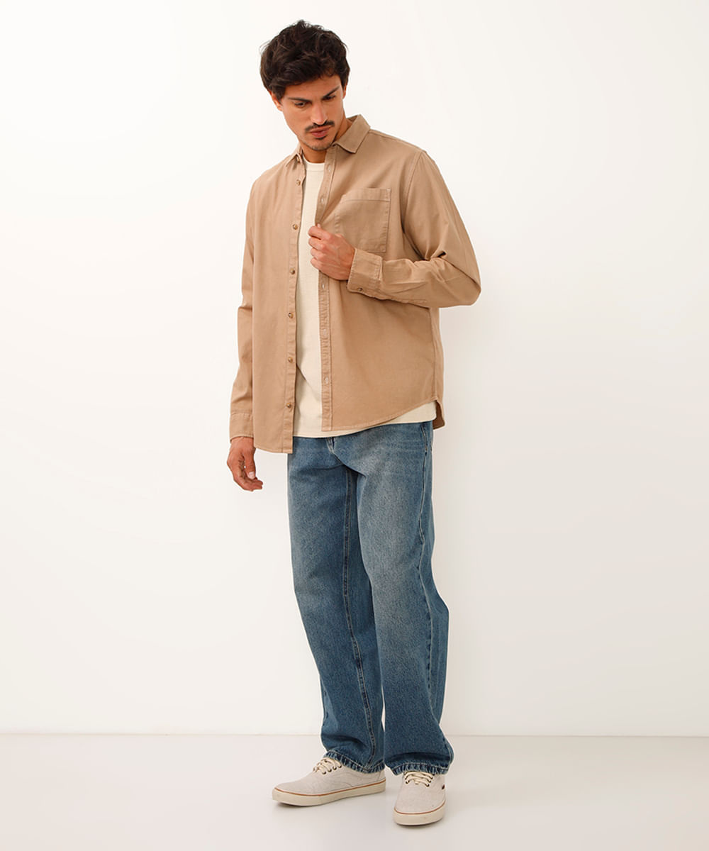 camisa de sarja manga longa com bolso bege