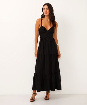 vestido longo decote nas costas texturizado preto