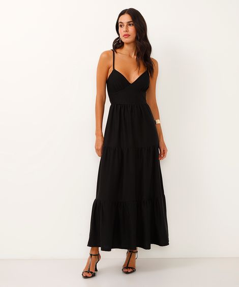 vestido longo decote nas costas texturizado - preto