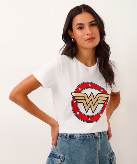 Blusa Feminina Mulher Maravilha Manga Curta Decote Redondo Off White