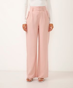 calça de alfaiataria wide leg com bolsos lapela rosa