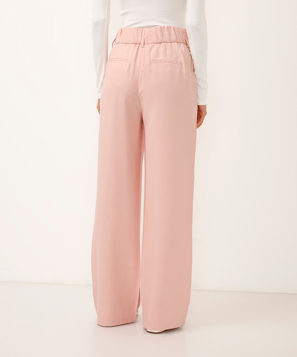 calça de alfaiataria wide leg com bolsos lapela rosa