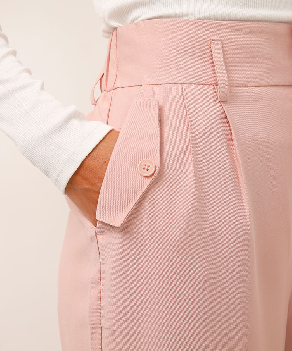 calça de alfaiataria wide leg com bolsos lapela rosa
