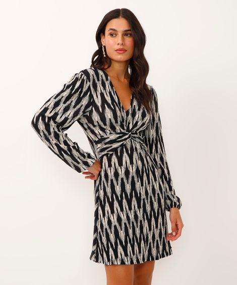 vestido curto decote v manga bufante geométrico preto