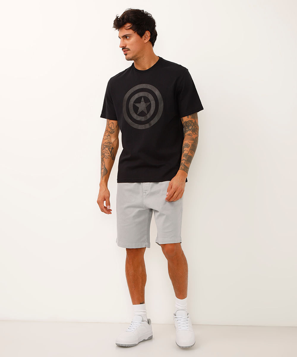 Camiseta Masculina Tal Pai Tal Filho Capitão América Manga Curta Gola Careca Preta