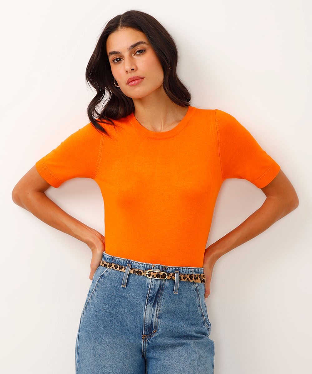 cropped de tricot manga curta laranja