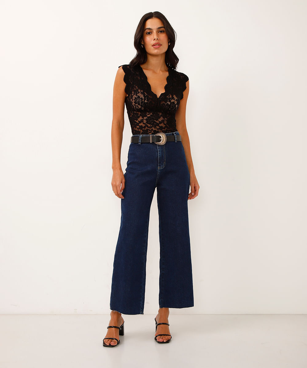 calça wide leg cropped jeans cintura alta sawary azul