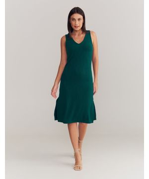 Vestido Midi Decote v Textura - Verde Garrafa