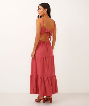 vestido longo decote nas costas texturizado rosa