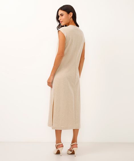 vestido midi com fenda bege