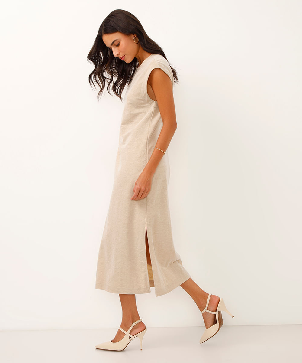 vestido midi com fenda bege