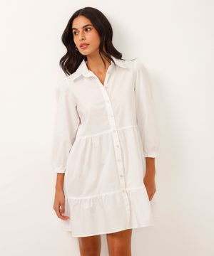 vestido chemise curto manga bufante off white