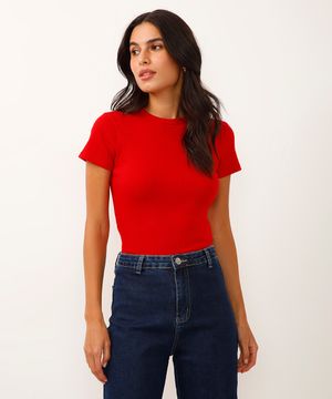 blusa baby look manga curta canelada vermelho