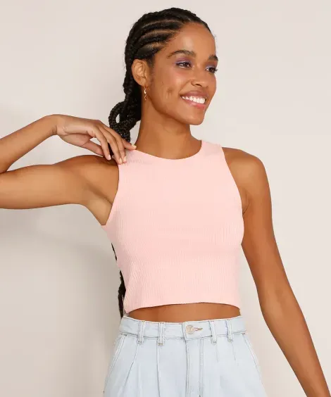 Regata Feminina Básica Cropped Canelada Decote Redondo Rosa Claro