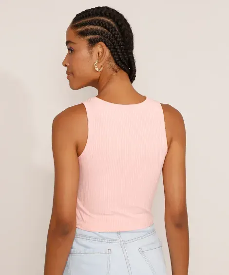 Regata Feminina Básica Cropped Canelada Decote Redondo Rosa Claro