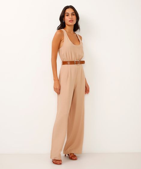 macacão wide leg de viscose com cinto bege