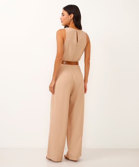 macacão wide leg de viscose com cinto bege