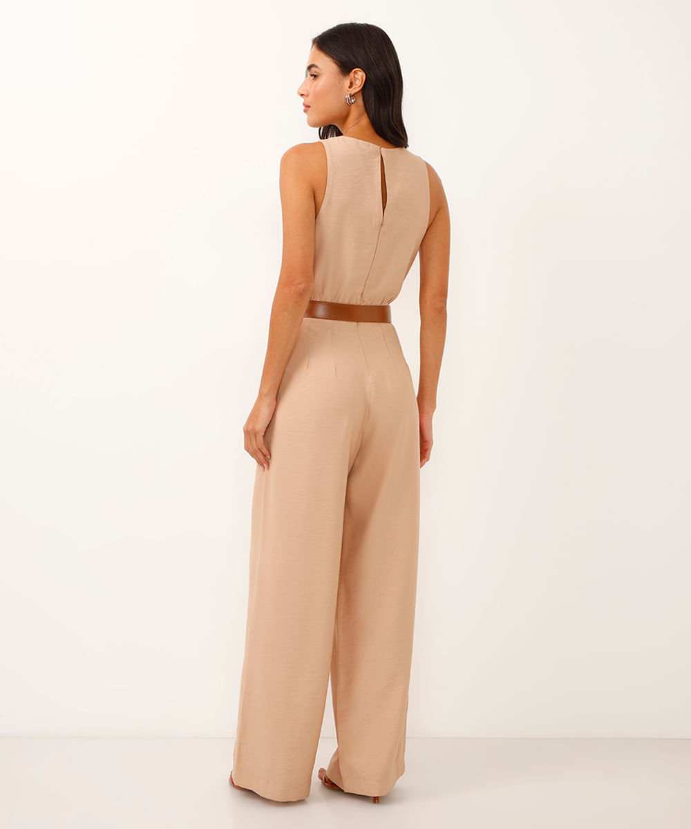 macacão wide leg de viscose com cinto bege